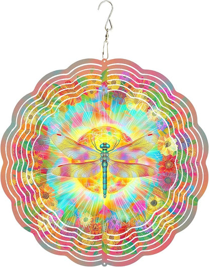 10x10 Inch Wind Spinner Outdoor Hanging Colorful Dragonfly Floral Sunburst Metal Kinetic Spiral Ornament for Yard Patio Porch Balcony Tree Window Gift