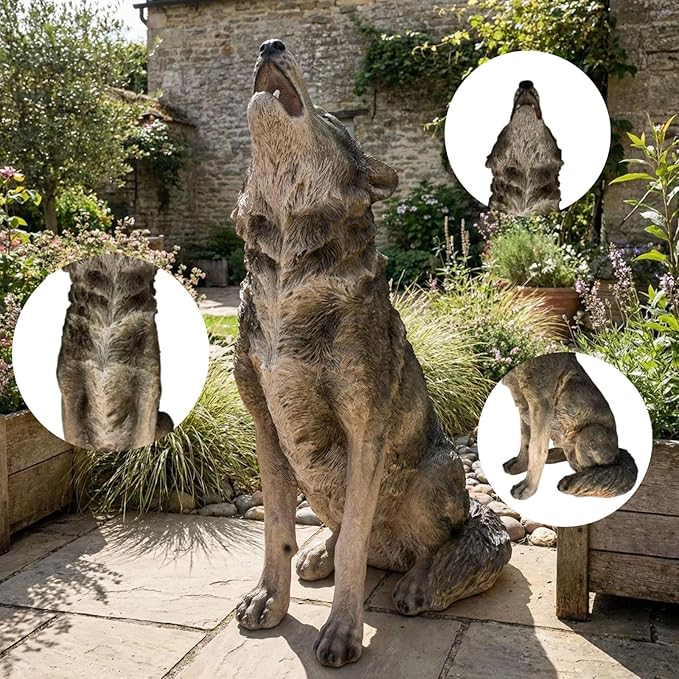Large Howling Wolf Resin Statue - 17.9" L x 29.7" H Realistic Alpha Wolf Sculpture, Weatherproof Outdoor Garden Decor for Patio, Lawn & Yard, Wildlife Art Gift for Nature Lovers