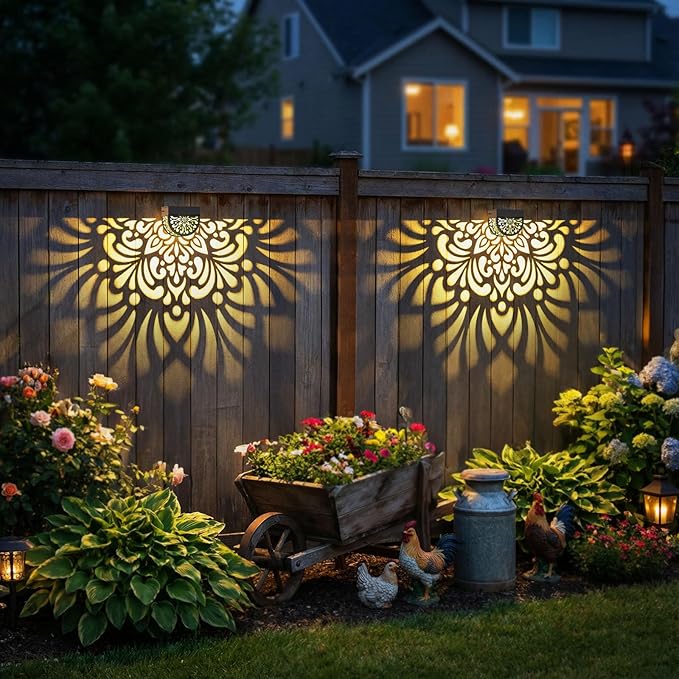 4 Pack Solar Fence Lights Outdoor Wall Lights Plastic Solar Powered Deck Step Stair Lights Mandala Theme Waterproof Fence Solar Light for Garden Post Patio Yard Decor, Gardening Gifts for Women Mom