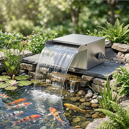 Pond Waterfall Spillway Kit with Filter Media & 800 GPH Pump, 304 Stainless Steel Waterfall Box, 9.8FT Hose, Complete Pond Kit for Outdoor Ponds, Koi Ponds, Fountain (8"L x 9.8"W x 5.1"H)