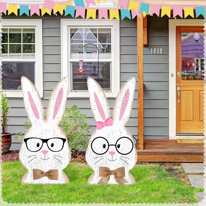 2 Pcs Easter/Spring Outdoor Decorations 16 Inch Easter Yard Signs Metal Pastel Gnome/Rustic Bunny/Lavender Garden Stakes for Home Outside Pathway Lawn Backyard Patio Farmhouse Party Decor(Rabbit)