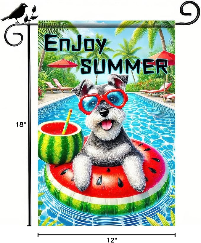 HOMETITUTE Hello Summer Garden Flag Schnauzer Dog 12X18 Inch Print Double Sided Cute Puppy Decorative Yard Flag Banner Poolside Patio Decor Banner Outside Seasonal Holiday Outdoor Decoration