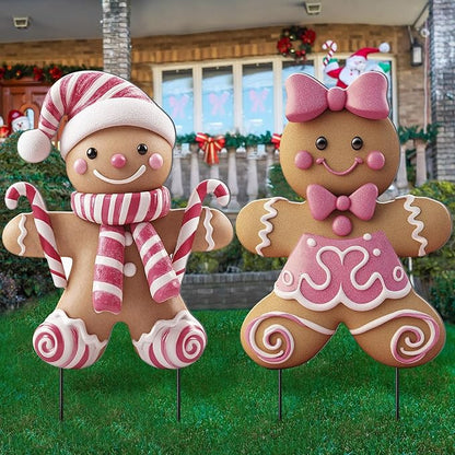2 Pack Christmas Yard Stakes Metal Stakes 3D Boy and Girl Yard Sign Christmas Outdoor Decorations for Outside Holiday Xmas Winter Ornament Lawn Pathway(Pink Gingerbread Man Couple)