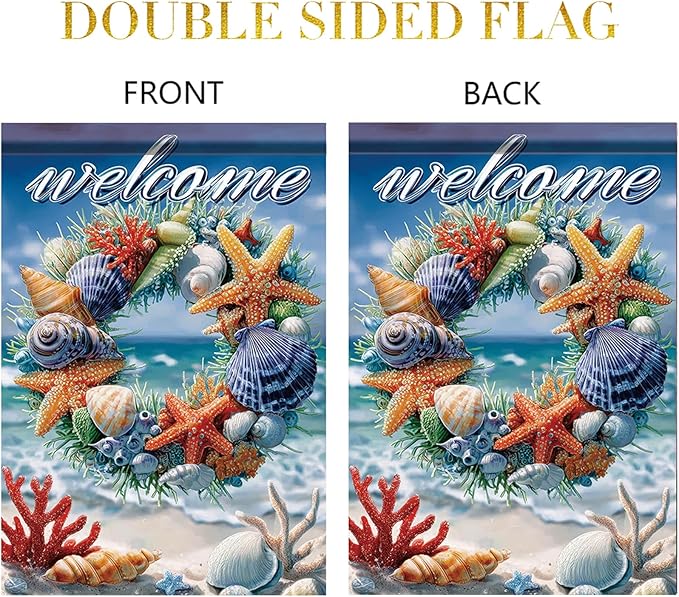Spring Summer Garden Flag 12x18 Inch Coastal Welcome Seashell Starfish Coral Wreath Ocean Beach Design Outdoor Yard Porch Lawn for Seasonal Nautical Home Decor