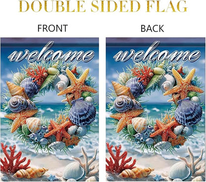 Spring Summer Garden Flag 12x18 Inch Coastal Welcome Seashell Starfish Coral Wreath Ocean Beach Design Outdoor Yard Porch Lawn for Seasonal Nautical Home Decor