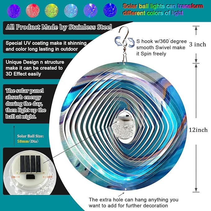 FONMY Mandala Wind Spinner w/Solar Ball 3D Stainless Steel Hanging Wind Spinners Worth Gift Christmas Decoration Indoor/Outdoor Garden Décor Kinetic Yard Art 12 Inches Multi Blue Wind Sculpture