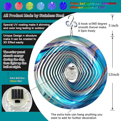FONMY Mandala Wind Spinner w/Solar Ball 3D Stainless Steel Hanging Wind Spinners Worth Gift Christmas Decoration Indoor/Outdoor Garden Décor Kinetic Yard Art 12 Inches Multi Blue Wind Sculpture