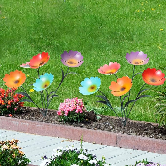 Yaocom 2 Pack Metal Flowers for Outdoor, Decorative Garden Stakes Yard Art, Outdoor Spring Garden Stake Summer Decor Bouquet of Poppy Flower Rustic Handcrafted Items for Lawn Porch Fence(Colorful)
