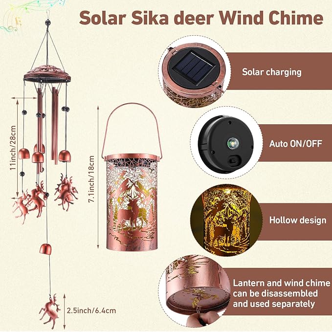 Retisee Deer Solar Wind Chimes Outdoor Metal Deer Gifts Solar Light Windchimes Outside Indoors Christmas Decoration Birthday Gift for Home Lawn Porch Patio Garden Yard