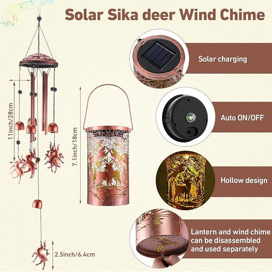 Retisee Deer Solar Wind Chimes Outdoor Metal Deer Gifts Solar Light Windchimes Outside Indoors Christmas Decoration Birthday Gift for Home Lawn Porch Patio Garden Yard