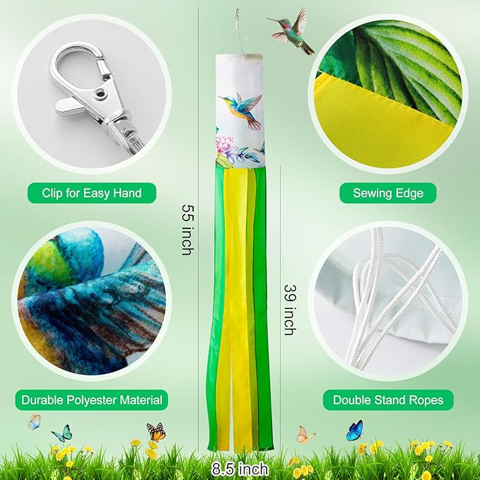 WinTS 3Pcs 55 Inch Wind Socks,Large Size Windsocks Outdoor Hanging Butterfly Hummingbird, Spring Wind Socks for Outside Heavy Duty for Wall Tree Front Patio Lawn Garden