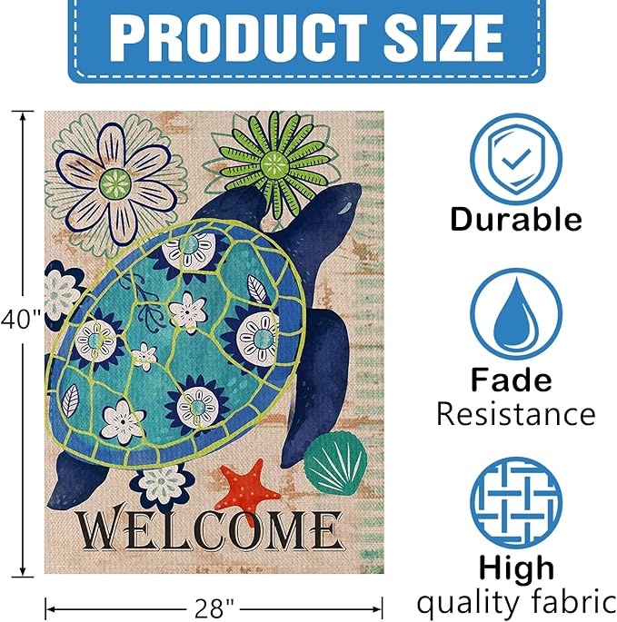 Dyrenson Turtle Beach 28 x 40 House Flag Welcome Summer Double Sided, Tropical Ocean Burlap Garden Yard Decoration Rustic Coastal, Nautical Sea Seasonal Outdoor Décor Decorative Large Flag