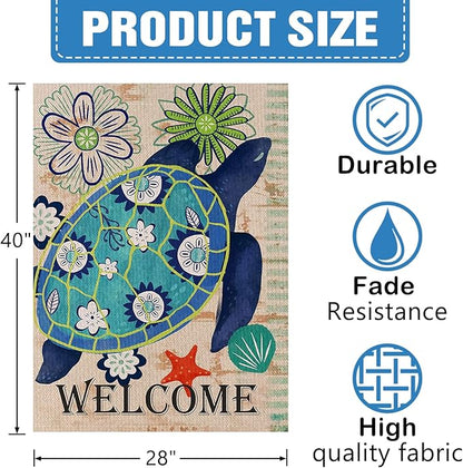Dyrenson Turtle Beach 28 x 40 House Flag Welcome Summer Double Sided, Tropical Ocean Burlap Garden Yard Decoration Rustic Coastal, Nautical Sea Seasonal Outdoor Décor Decorative Large Flag