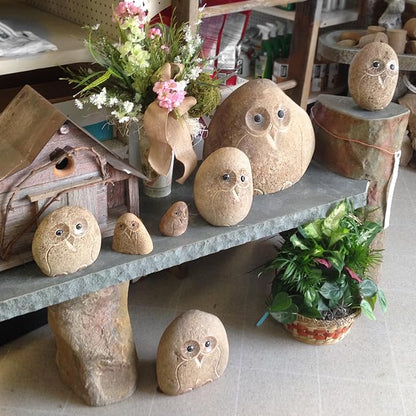 Natural Granite, Hand-Carved Boulder Stone Owl 6" H