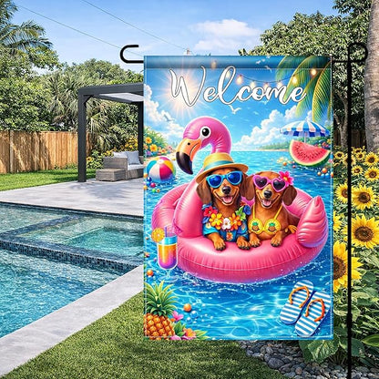 BlissYard Welcome Flamingo Pool Dog Garden Flag 12x18 Double Sided Vertical Outdoor Decor Labrador Retriever Summer Poolside Yard Garden Lawn Banner Bright Seasonal Display