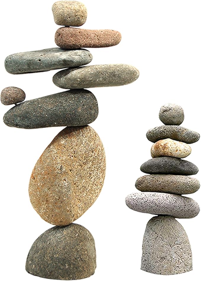BestNest Ancient Graffiti Stone Cairns Set, 2-Piece Stacked Rock Sculptures with Metal Rod Support, 10" & 14" Garden Stone Towers for Zen, Japanese, or Wabi-Sabi Décor, Indoor Outdoor Home Ornament
