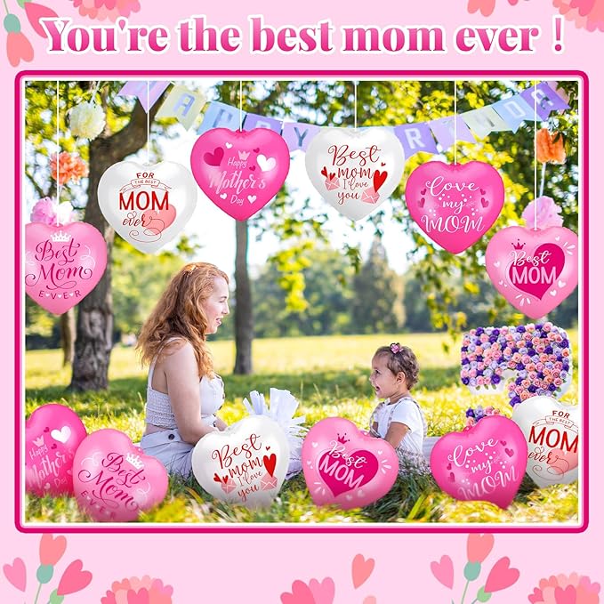 18 Pcs Happy Mother's Day Inflatable Heart Yard Decorations Large Mother's Day Heart Inflatable Hanging Ornament Giant PVC Outdoor Decoration for Mothers Day Garden Lawn Party