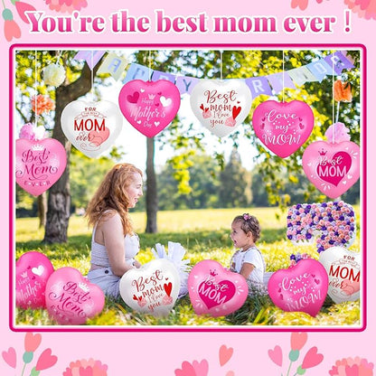 18 Pcs Happy Mother's Day Inflatable Heart Yard Decorations Large Mother's Day Heart Inflatable Hanging Ornament Giant PVC Outdoor Decoration for Mothers Day Garden Lawn Party