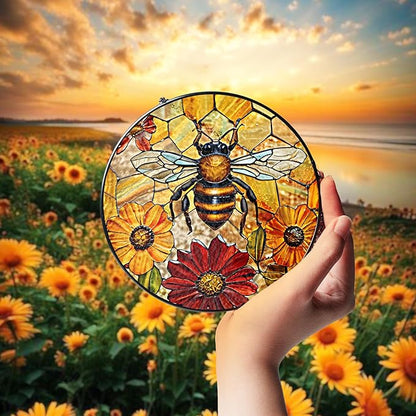 6" Bee Honeycombs Stained Glass Suncatchers Art Glass Insect Flowers for Sun Catcher Indoor Window Gifts for Pet Insects Animal Nature Floral Lovers Women Grandma Mom Friend Panel Décor BUG-08C-SG6
