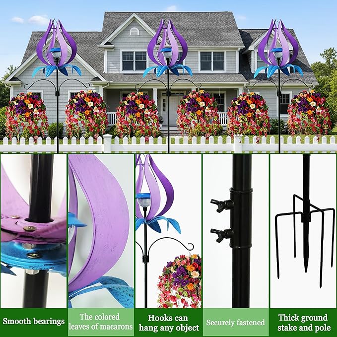 Multi-Functional Yard Wind Spinners with Solar Lights Outdoor Garden,YNGFIL Large Ornaments Outdoor with Double Shepherds Hooks and Coconut Fiber Liner Hanging Planters (83 in)