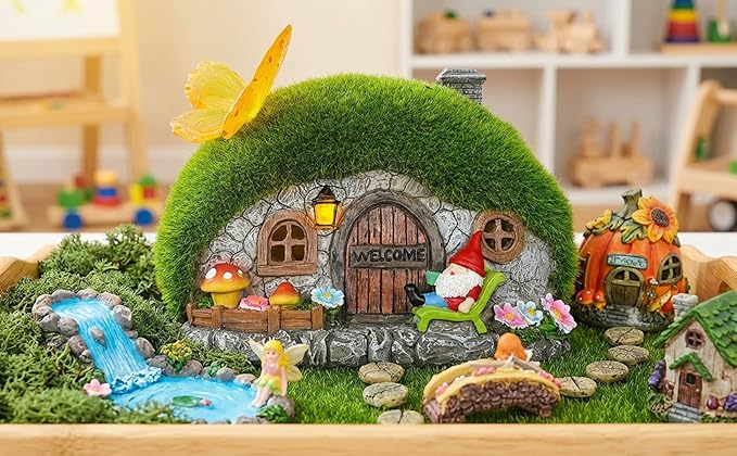 Solar Fairy Garden House Accessories, Outdoor Garden Statues with Butterfly Lights & Gnomes Gardening Gifts for Women, House Sculpture Figurine Outside Garden Decorations for Yard Patio Lawn Decor