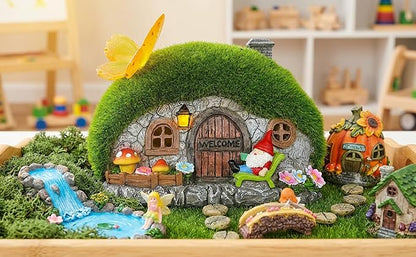 Solar Fairy Garden House Accessories, Outdoor Garden Statues with Butterfly Lights & Gnomes Gardening Gifts for Women, House Sculpture Figurine Outside Garden Decorations for Yard Patio Lawn Decor