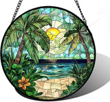 DASTOLL Stained Glass Window Hanging, Green Beach Scenery Suncatcher Diamond Glass Panel Hangings Sun Catchers Decor for Birthday for Women, Men, Wife, Aunt, and Mom 11.8x11.8 in