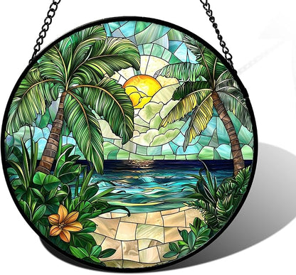 DASTOLL Stained Glass Window Hanging, Green Beach Scenery Suncatcher Diamond Glass Panel Hangings Sun Catchers Decor for Birthday for Women, Men, Wife, Aunt, and Mom 11.8x11.8 in
