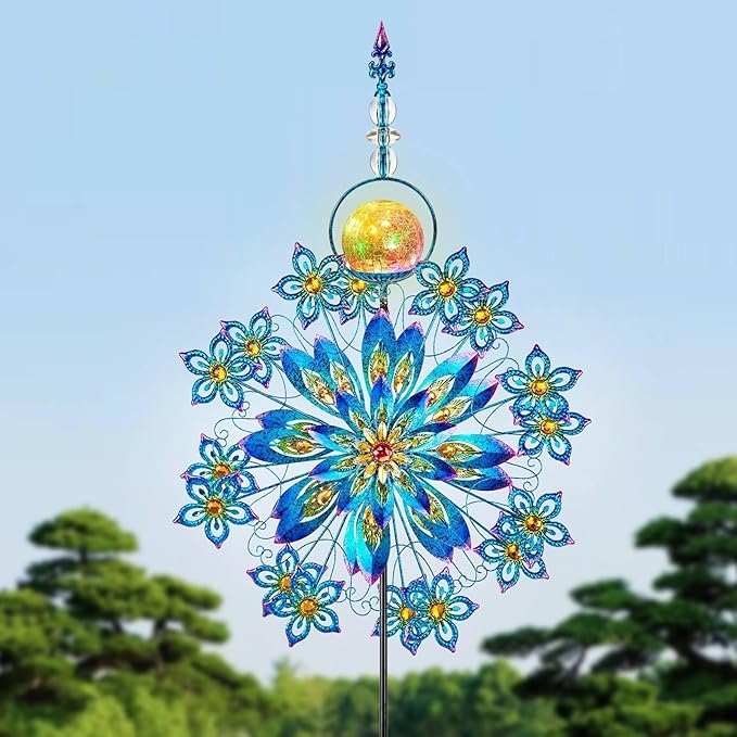 Kircust Large Solar Wind Spinner with Glass Ball - Peacock Themed Kinetic Garden Art, Dual Spinning Metal Decor for Outdoor Yard, Lawn, or Patio in Elegant Peacock Blue