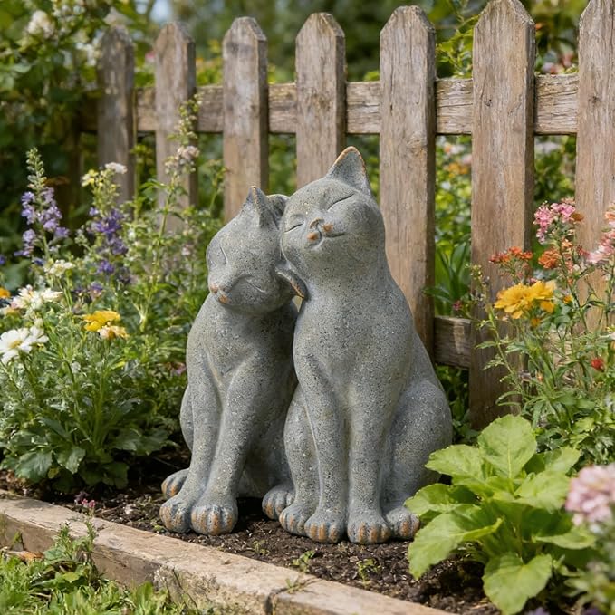 Cat Garden Statues Outdoor Cat-Figurines - Garden Decorations 8.5 x 8 x 10.5 in Resin Kitten Couple Sculpture Cats Statue for Farmhouse Outside Backyard Lawn Gift for Kitten Lovers Newman House Studio