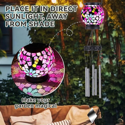 VOREEN Solar Wind Chimes for Outdoor, Handmade Mosaic Glass Solar Light Outdoor Waterproof Lantern, Gift for Mom Wife Friend, Window Decor for Patio Yard Balcony, with Flowers & Bees, 29" Pink