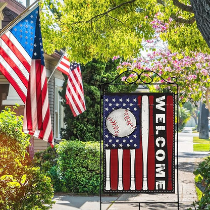 Welcome 4th of July Baseball Patriotic Decorative House Flag, America USA Red White Bat Garden Yard Outside Decoration, American Stars Burlap Outdoor Large Home Decor Double Sided 28 x 40