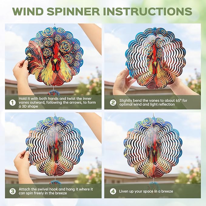 Wind Spinners Outdoor, IDEA SHOW 12In Stainless Steel Wind Spinners Outside, 3D Kinetic Hanging Sculpture, Rustproof Metal Garden Decor Ornaments for Yard Art, Women, Men, Holidays