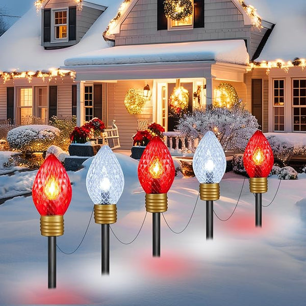 Moonflor Strawberry Jumbo C9 Christmas Pathway Lights Outdoor - 8.5FT 5 LED C9 Walkway Light, Christma Decoration Outside, Christmas Lights Outdoor for Lawn Holiday Yard, Red & Pure White