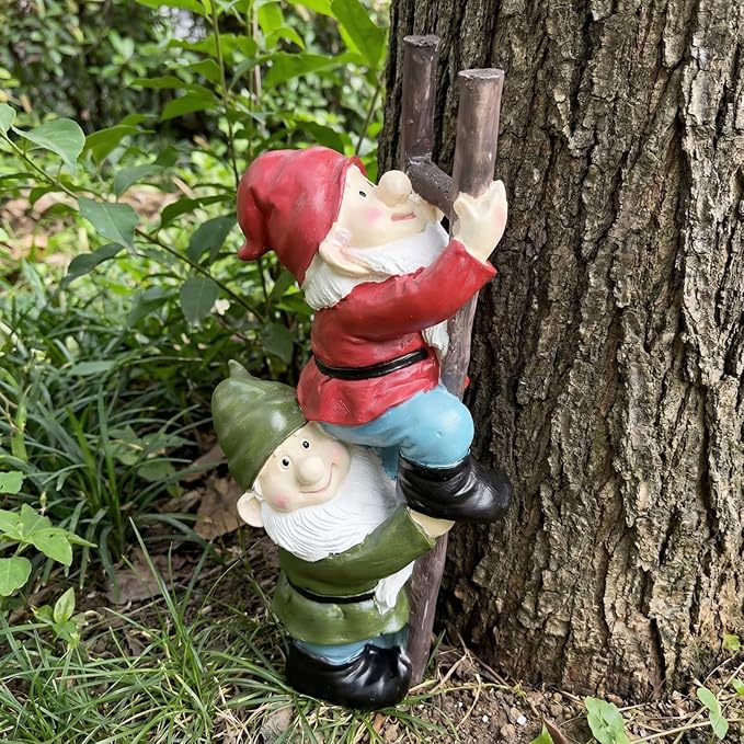 Elenon Funny Gnomes on Ladders Garden Statue, Gnomes Climbing Tree Figurine, Resin Outdoor Yard Lawn Decor, Cute Whimsical Patio Ornament for Garden, Porch, Backyard Decoration