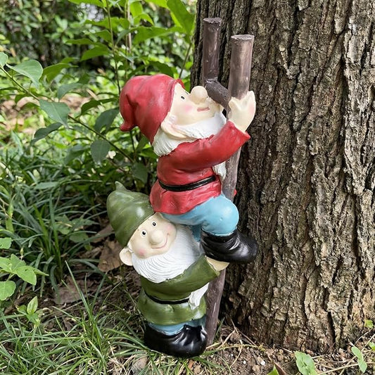 Elenon Funny Gnomes on Ladders Garden Statue, Gnomes Climbing Tree Figurine, Resin Outdoor Yard Lawn Decor, Cute Whimsical Patio Ornament for Garden, Porch, Backyard Decoration