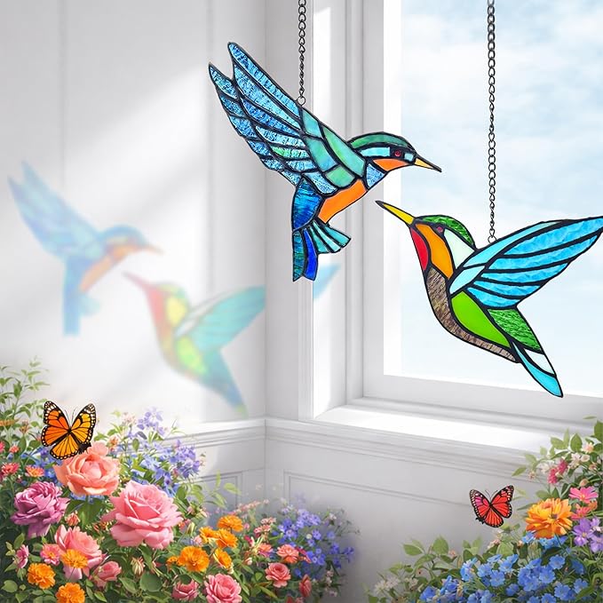 2 Packs Hummingbird Stained Glass Window,Real Handmade Stained Glass Window Hanging,Hummingbird Ornament,Suncatchers Decor for Women Mom Grandma Bird Lovers