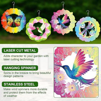 Maitys 4 Pcs Stainless Steel Wind Spinners Butterfly Dragonfly Hummingbird Gifts for Women 12 Inch 3D Iron Wind Spinners Hanging for Yard Indoor Outdoor Art Kinetic Sculptures for Garden Decorations
