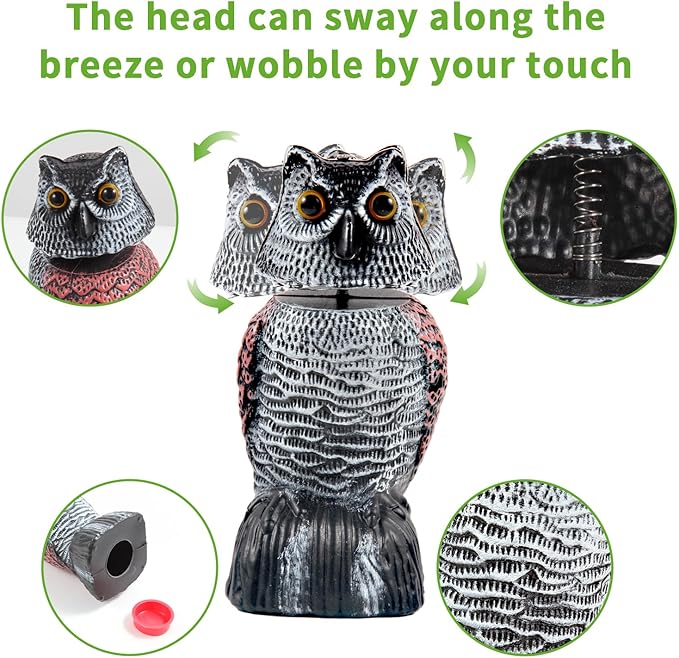 BobbleHead Owl Decoys Sculpture to Scare Birds Away, 2-Pack 8.3" Fake Owl Plastic Scarecrow Bird Deterrent, Natural Enemy Pest Repellent, Garden Decor Statues for outside, Patio, Lawn, Yard Decoration