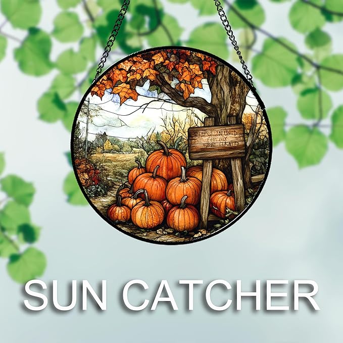DASTOLL Stained Glass Window Hanging Fall Farm Scenery Maple Trees Pumpkin 6.3" - Suncatcher Door Garden Kitchen Sun Catcher Autumn Decor Birthday for Mom Nana Men Woman Friend