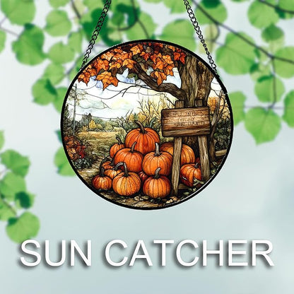 DASTOLL Stained Glass Window Hanging Fall Farm Scenery Maple Trees Pumpkin Large 15" - Suncatcher Door Garden Kitchen Sun Catcher Autumn Decor Birthday for Mom Nana Men Woman Friend