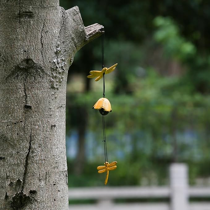 Japanese Wind Chime Cast-Iron Outdoor Ornament for Garden, Patio & Balcony, Hanging Metal Wind-Bell Decoration Gift, Blessing Pendant Windchimes, Yellow Dragonflies