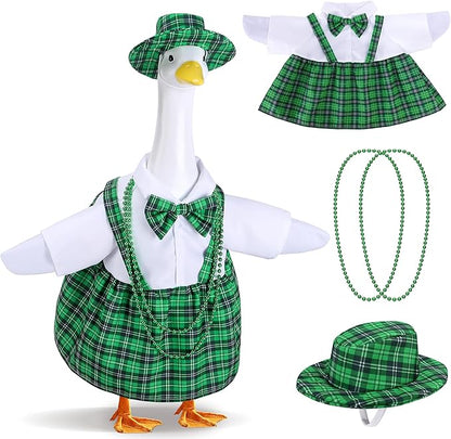 Watayo 4 Pcs/Set St. Patrick's Day Porch Goose Outfits, Lawn Goose Statue Green Plaid Costume, Irish Green Garden Goose Clothes Dress Hat and Bead Necklaces for 23" High Statue Patio Yard Decor