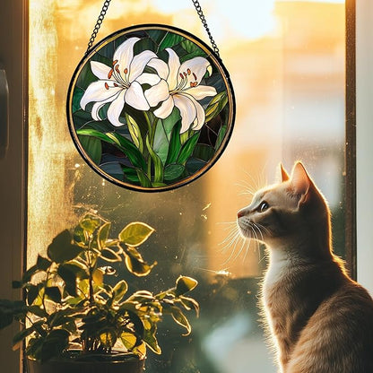 Stained Glass Window Hanging, White Lily Suncatcher for Door Garden Patio Birth Flower Green Plant Sun Catchers Decor Christmas Mother's Day Birthday Gifts for Women Mom Nana Friend 6.3 in