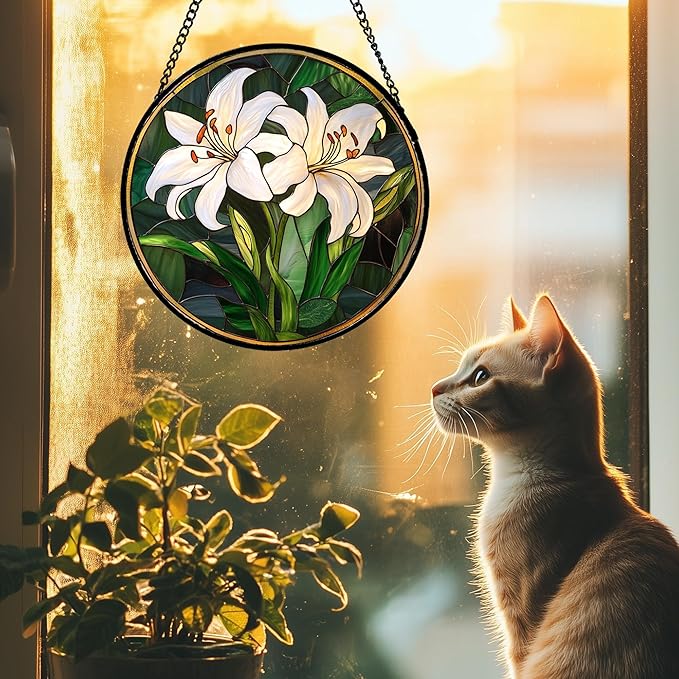Stained Glass Window Hanging, White Lily Suncatcher for Door Garden Patio Birth Flower Green Plant Sun Catchers Decor Christmas Mother's Day Birthday Gifts for Women Mom Nana Friend 7.8 in