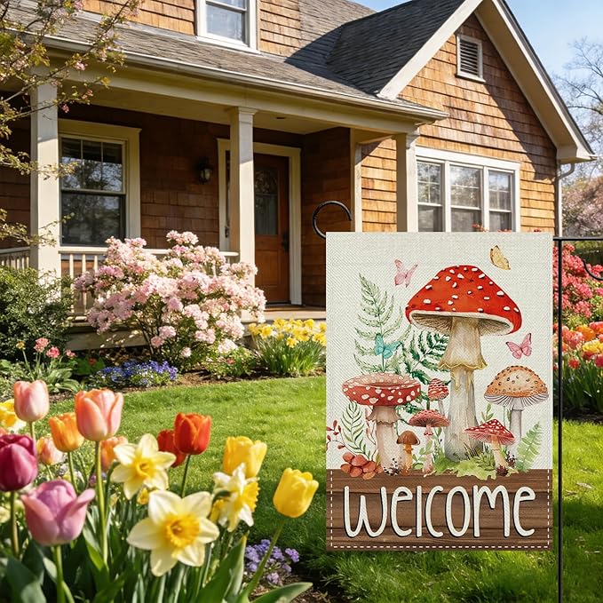 Welcome Spring Summer Mushroom Decorative Garden Flag, Fairy Tale Forest Fern Plant Butterfly Small Yard Outside Decorations, Farmhouse Botanical Burlap Outdoor Home Decor Double Sided 12 x 18