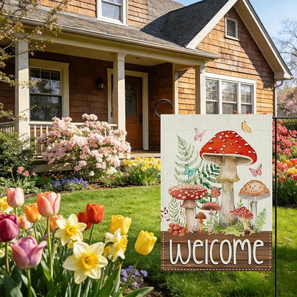 Welcome Spring Summer Mushroom Decorative Garden Flag, Fairy Tale Forest Fern Plant Butterfly Small Yard Outside Decorations, Farmhouse Botanical Burlap Outdoor Home Decor Double Sided 12 x 18