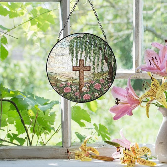 Stained Glass Cross Pink Roses Suncatcher Window Hanging, Easter Faith Christian Gifts Religious Home Decor, Weeping Willow Tree Wildflowers Stained Glass Decor for Friend, 7.9x7.9in