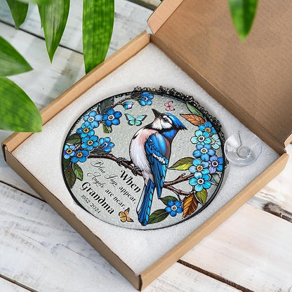 Personalized Blue Jay Bird Stained Glass Suncatcher, In Loving Memorial Name Bird Memorial Suncatcher Window Hanging Mothers Day Blue Jay Appear Angels are Near, Sympathy Gifts for Mom, Grandma, Women