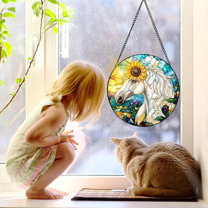 Bimkole Horse Stained Glass Suncatcher Window Hanging - Animals Indoor Window or Doorway Decoration - Handmade Sun Catcher Decor for Garden Home Christmas & Birthday Gifts 7.87x7.87 in
